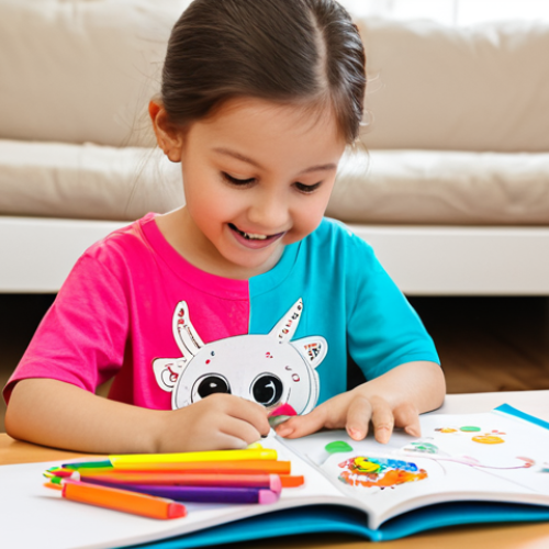 Home 11 A joyful child, approximately 5 years old, fully clothed in a modest, colorful t-shirt and comfortable trousers, sitting at a small, child-sized wooden table in a brightly lit, family-friendly play area. The child is deeply engaged, using crayons to color a vibrant page in a Pinkfong-style activity book, showcasing concentration and fine motor skills. The scene is clean and organized, with a focus on the child's hands and the activity book. perfect anatomy, correct proportions, natural pose, well-formed hands, proper finger count, natural body proportions, professional photography, high quality, safe for work, appropriate content, fully clothed, family-friendly.