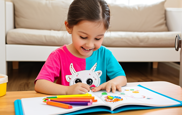 A joyful child, approximately 5 years old, fully clothed in a modest, colorful t-shirt and comfortable trousers, sitting at a small, child-sized wooden table in a brightly lit, family-friendly play area. The child is deeply engaged, using crayons to color a vibrant page in a Pinkfong-style activity book, showcasing concentration and fine motor skills. The scene is clean and organized, with a focus on the child's hands and the activity book. perfect anatomy, correct proportions, natural pose, well-formed hands, proper finger count, natural body proportions, professional photography, high quality, safe for work, appropriate content, fully clothed, family-friendly.