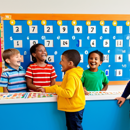 Home 6 A group of diverse, happy children, fully clothed in modest and appropriate attire, engaged in a colorful and imaginative learning environment. One child points excitedly at a vibrant educational display, while another laughs joyfully. The setting is bright, clean, and filled with playful, age-appropriate learning elements like large, stylized numbers, letters, and shapes. The overall scene conveys a sense of wonder and educational discovery. Perfect anatomy, correct proportions, natural poses, well-formed hands, proper finger count, natural body proportions. Professional photography, high quality, vibrant colors, soft lighting, safe for work, appropriate content, family-friendly.
