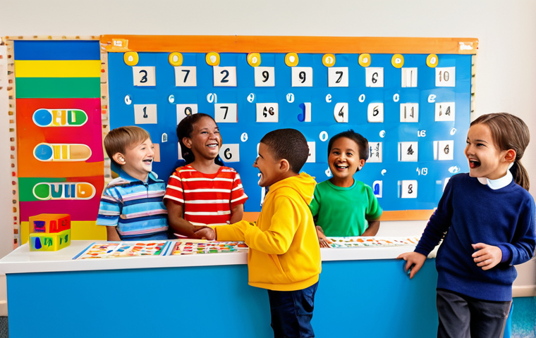 A group of diverse, happy children, fully clothed in modest and appropriate attire, engaged in a colorful and imaginative learning environment. One child points excitedly at a vibrant educational display, while another laughs joyfully. The setting is bright, clean, and filled with playful, age-appropriate learning elements like large, stylized numbers, letters, and shapes. The overall scene conveys a sense of wonder and educational discovery. Perfect anatomy, correct proportions, natural poses, well-formed hands, proper finger count, natural body proportions. Professional photography, high quality, vibrant colors, soft lighting, safe for work, appropriate content, family-friendly.