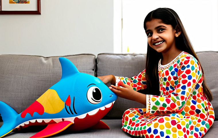 Happy Girl Playing with Baby Shark Organ**

"A young girl, around 6 years old, fully clothed in a bright, colorful salwar kameez, playing a Baby Shark organ in a sunlit living room. She is smiling, and the scene is warm and inviting, filled with toys and books. Safe for work, appropriate content, family-friendly, perfect anatomy, natural pose, well-formed hands, proper finger count, natural body proportions, professional photography, high quality."

**