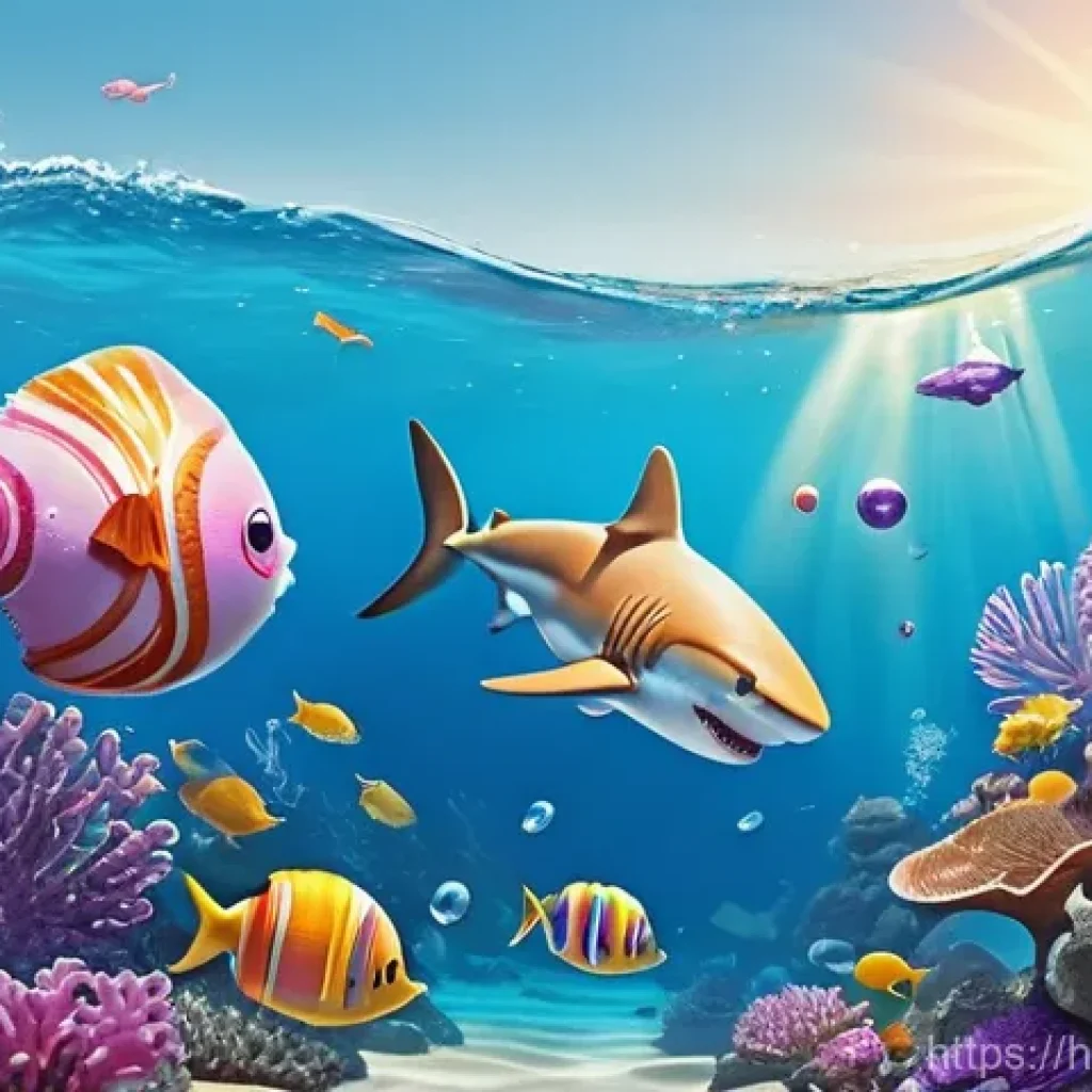 아기상어 이모티콘 - **Prompt 1: "A cheerful, animated scene of five cute baby sharks, each wearing tiny, colorful swimmi...