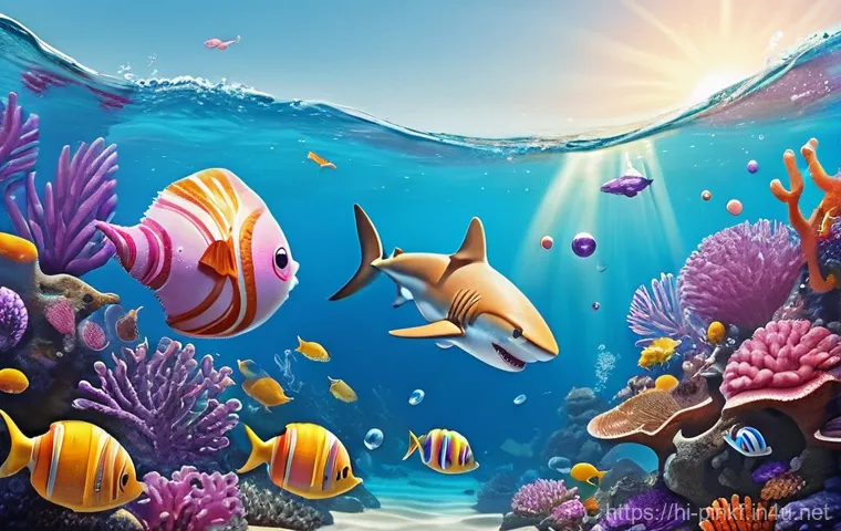 아기상어 이모티콘 - **Prompt 1: "A cheerful, animated scene of five cute baby sharks, each wearing tiny, colorful swimmi...