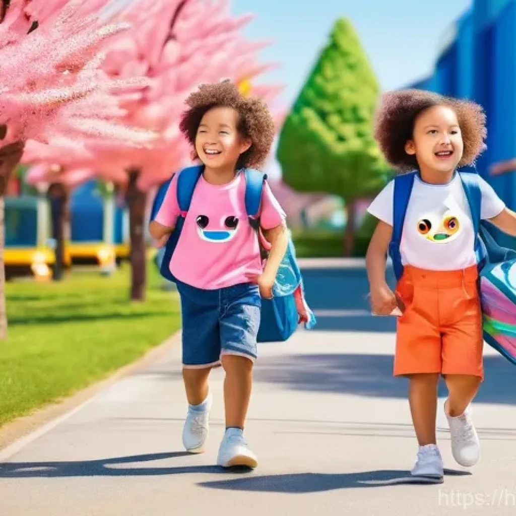 핑크퐁 캐릭터 굿즈 - **Prompt:** A cheerful, diverse group of three children, aged between 5 and 7, are joyfully walking ...