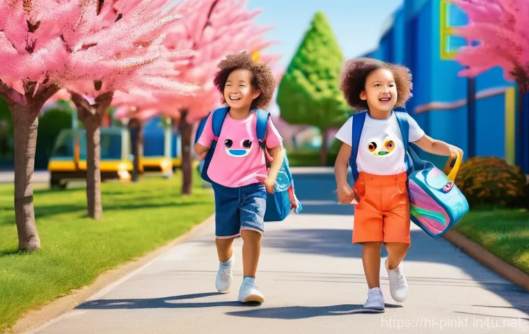 핑크퐁 캐릭터 굿즈 - **Prompt:** A cheerful, diverse group of three children, aged between 5 and 7, are joyfully walking ...