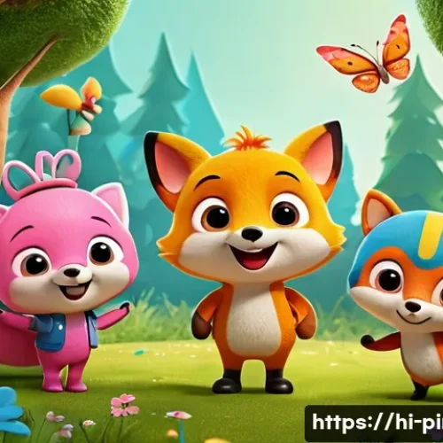 Home 32 핑크퐁 주변 캐릭터 소개 - A vibrant and colorful scene featuring Pinkfong, a cheerful anthropomorphic red fox character with b...
