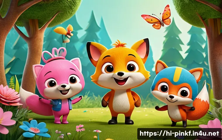 핑크퐁 주변 캐릭터 소개 - A vibrant and colorful scene featuring Pinkfong, a cheerful anthropomorphic red fox character with b...