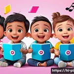 Home 19 핑크퐁과 함께 하는 영어교육 - A vibrant and colorful digital classroom scene featuring young Indian children wearing casual clothe...