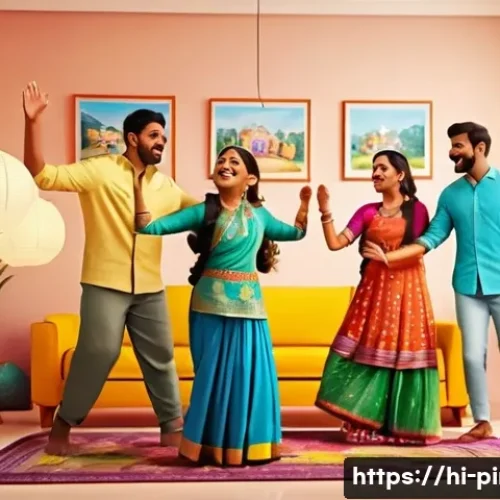 Home 30 아기상어 비하인드 스토리 - A vibrant and colorful animated scene of a joyful Indian family dancing together in a cozy living ro...