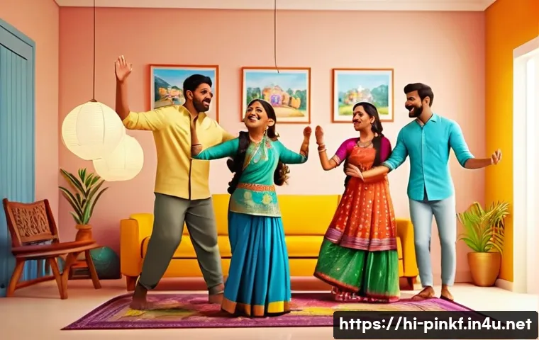 아기상어 비하인드 스토리 - A vibrant and colorful animated scene of a joyful Indian family dancing together in a cozy living ro...