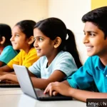 Home 17 스마트스터디 기업 정보 - A vibrant digital classroom scene showing diverse Hindi-speaking students of various ages engaging w...