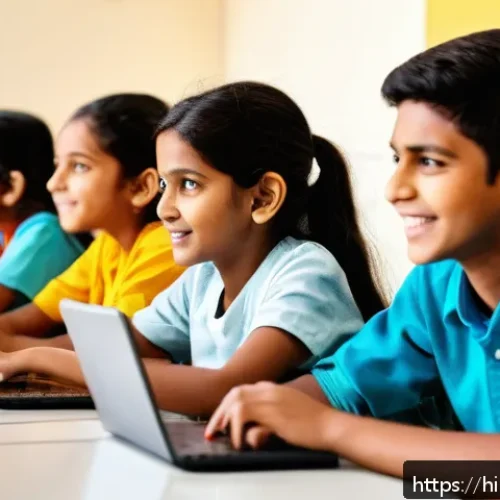 Home 29 스마트스터디 기업 정보 - A vibrant digital classroom scene showing diverse Hindi-speaking students of various ages engaging w...