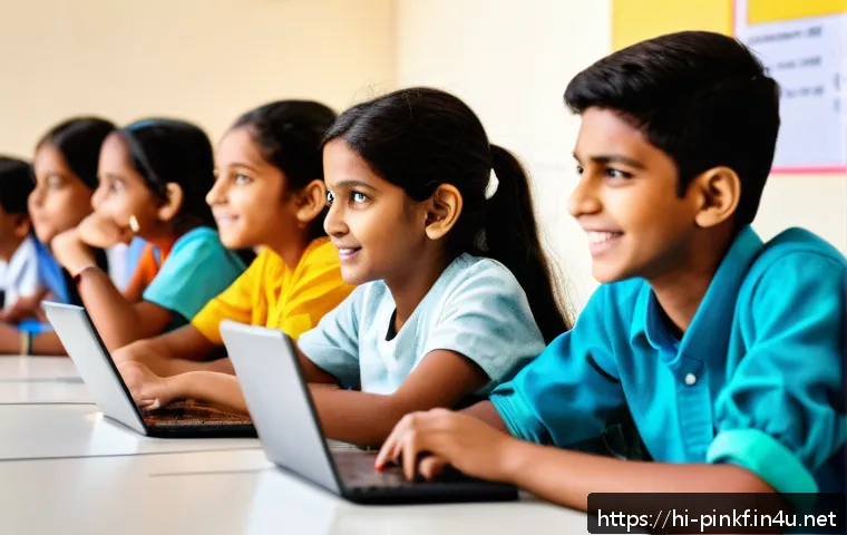 스마트스터디 기업 정보 - A vibrant digital classroom scene showing diverse Hindi-speaking students of various ages engaging w...