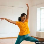 Home 22 아기상어 춤 안무 배우기 - A young Indian woman performing the Shark Dance in a bright, spacious room with wooden flooring, wea...
