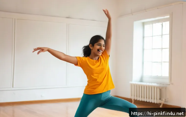 아기상어 춤 안무 배우기 - A young Indian woman performing the Shark Dance in a bright, spacious room with wooden flooring, wea...