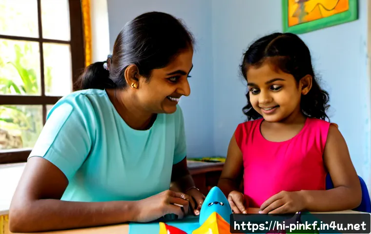 아기상어와 가족관계 교육 - Photorealistic Indian mother and young child at a bright home learning table, arranging simple color...