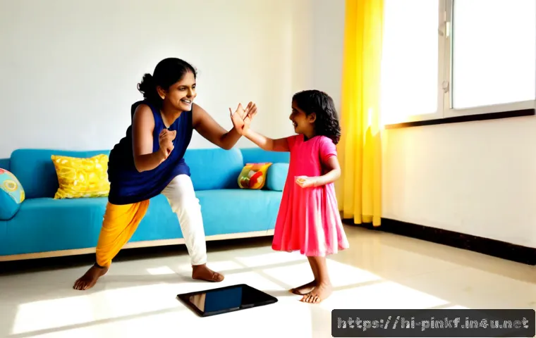 Home 16 핑크퐁 동요 시리즈 - Photorealistic joyful Indian family in a bright living room, mother and two young children dancing a...