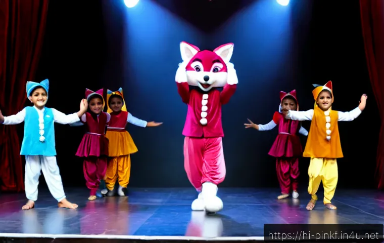 Home 17 핑크퐁과 뮤지컬 - Photorealistic family-friendly children’s musical stage in India, a cheerful pink fox mascot charact...